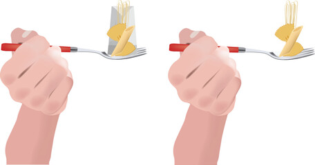 hand with fork and pasta-