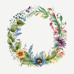 Obraz premium Circle frame decorated by watercolor floral painting, cheerful style watercolor - Generative AI