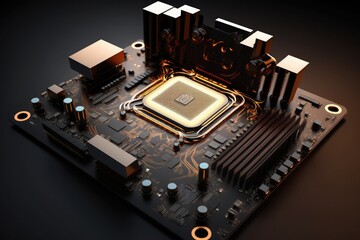 Soft lighting motherboard with big CPU, generative AI technology illustration.