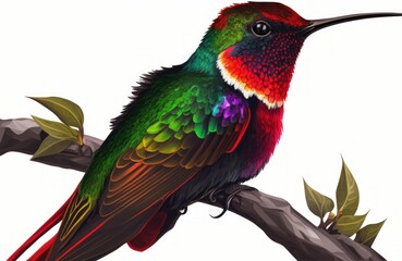 Obraz premium Red, lustrous, and glossy bird. The vibrant Fiery throated Hummingbird, Panterpe insignis, is perched on a branch. From Panama, a colourful mountain animal. Generative AI