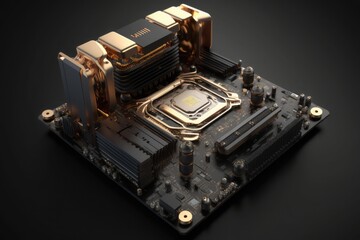 Soft lighting motherboard with big CPU, generative AI technology illustration.