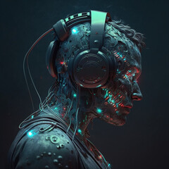 Cyborg listening to music with music headphones. Generative AI.