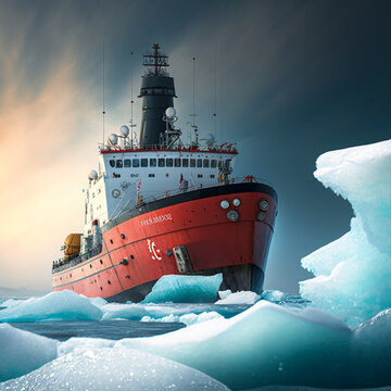 Icebreaker ship in the Arctic ocean. Generative AI.