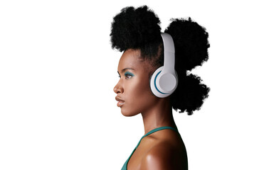 A black woman thinking while listening to podcast. African model streaming audio from radio with...
