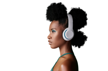 A black woman thinking while listening to podcast. African model streaming audio from radio with creative idea and mock up space isolated on a png background.