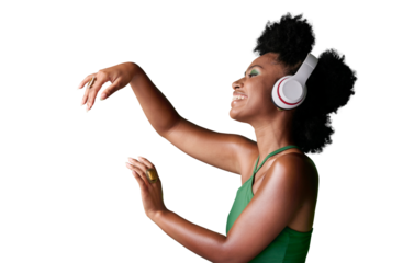 A fashionable woman in headphones while streaming happy audio sounds from a playlist. Freedom, smile and young African girl enjoying listening to radio isolated on a png background.