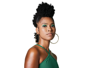 A black woman, retro beauty and product placement mockup for advertising and marketing. Portrait of an African model in 90s fashion hairstyle isolated on a png background