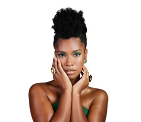 A fashion, beauty and makeup with a black woman or model for empowerment and equality. Cosmetics, hands and trendy with a beautiful female touching her beautiful face isolated on a png background.