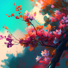 Spring background, with plants and flowers. Generative AI.