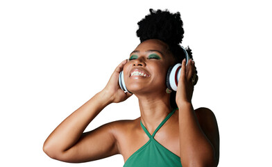 A cheerful afro American girl model enjoying listening to her favorite song, streaming and sounds...