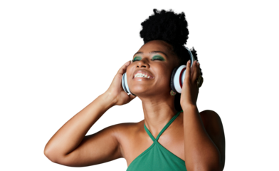 A cheerful afro American girl model enjoying listening to her favorite song, streaming and sounds on her modern trendy headset isolated on a png background