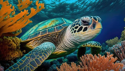 Naklejka na ściany i meble A Close-Up of a Majestic Sea Turtle Swimming Through a Coral Reef generative ai 