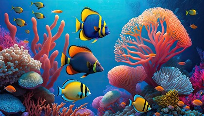 A Colorful Underwater World with Schools of Tropical Fish and Coral Reefs generative ai