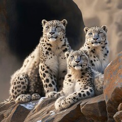 Snow Leopard Family on Rocky Outcropping in Remote Alpine Wilderness