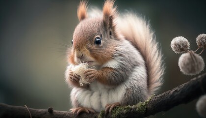 Naklejka na ściany i meble A Macro Shot of a Fluffy Squirrel Eating a Nut on a Tree Branch generative ai