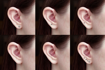 ear piercings photos.Helix piercing.Ear rings - obrazy, fototapety, plakaty