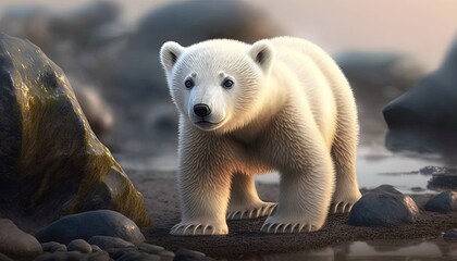 Obraz na płótnie Canvas A Majestic 3D of a Polar Bear Cub Playing on the Arctic Tundra generative ai