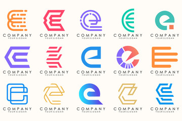 Abstract logos mega collection with letters E. Geometrical abstract logos
