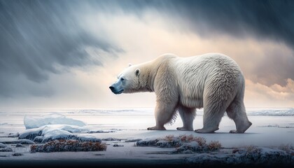 A Majestic Polar Bear Roaming the Arctic Tundra in Winter generative ai - obrazy, fototapety, plakaty