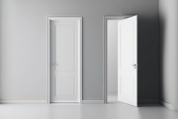 Modern white doors in empty room. Copy space for text, advertising. Production and trade of interior doors. Stylish internal door. Manufacture and sale. Vertical layout. Generative AI