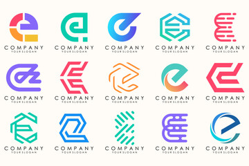 Abstract logos mega collection with letters E. Geometrical abstract logos