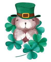 Cute St.Patrick's Day plush fluffy baby bear or teddy bear in an Irish hat with clover and shamrock. Cartoon child character. Digital watercolor illustration. Greeting card. Stylized decorative symbol