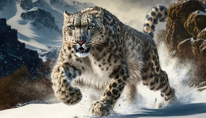 A Snow Leopard Pouncing on its Prey in the Himalayas generative ai
