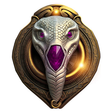 A Silver and gold metal snake head metal emblem. 3D style snake metal badge. Coat of arms snake head. Snake head metal insignia. Animal badge. Snake head metal symbol. Medallion	