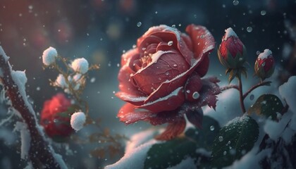 Naklejka na ściany i meble Red rose in the snow - Generative Ai