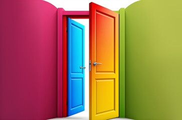 Open multicolored doors set. Creative concept of choice options. Generative AI illustration