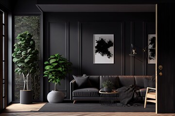 Modern dark home interior background, with sofa, fur, table, painting, large window, and tree in a vase. Generative AI.