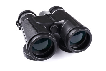 New binoculars isolated on white background. Flat lay, top view