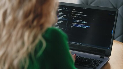 woman data scientist working with laptop in cafe, view on display over shoulder, female programmer