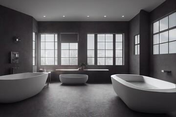Fototapeta na wymiar Modern grey bathroom interior with bathtub and washbasin, panoramic window. Generative AI.