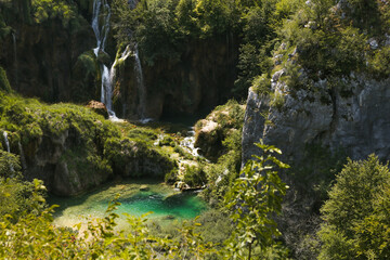 Waterfalls and cliffs in Plitvice Lakes National Park, Croatia.