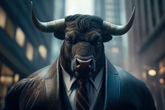 Suited Bull on Wall Street - A Strong Portrait of a Business Bull. Generative AI.