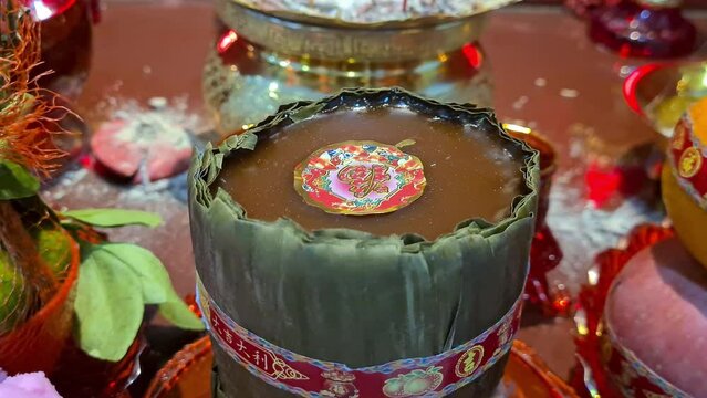 Close up of Chinese Basket or Bakul Keranjang Cake or Kue as Buddha Offerings