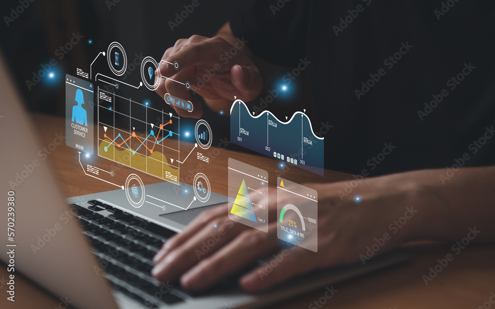 Wall mural young entrepreneur using big data analysis and cloud technology to collect customer data and display