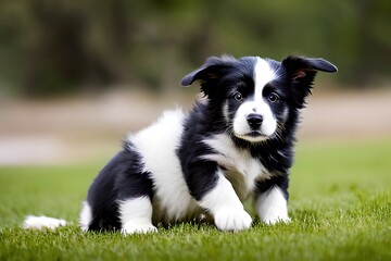 Cute puppy dog ​​portrait of the breed of Border Collie. Close up. Beautiful dog photo ideal for advertising spot, banner and advertising. Generative Ai
