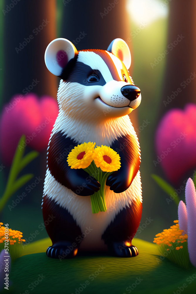 Wall mural A cute badger in a colorful and sunny forest. Generative AI.