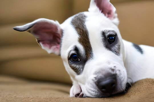 Cute puppy dog ​​portrait of the breed of Bull Terrier Close up. Beautiful dog photo ideal for advertising spot, banner and advertising. Generative Ai
