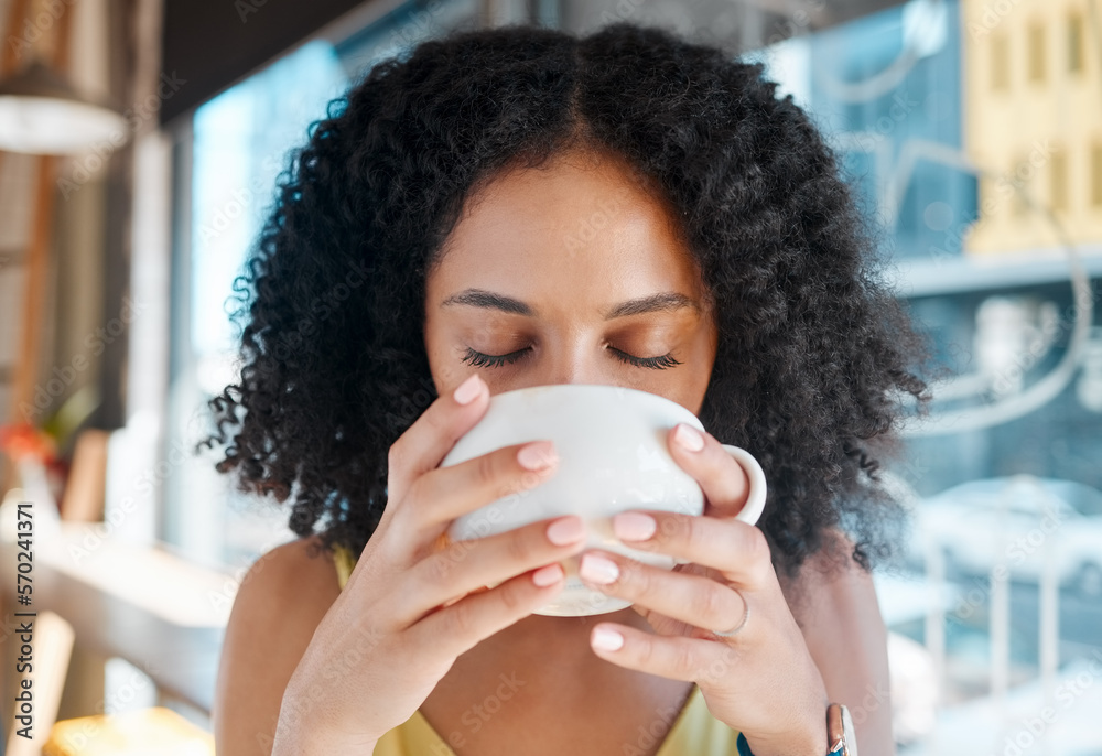 Wall mural Person, relax or drinking coffee in cafe or restaurant for lunch break, mindfulness or self love zen. Beverage, student or black woman with tea cup drink for personal time, inspiration or calm peace