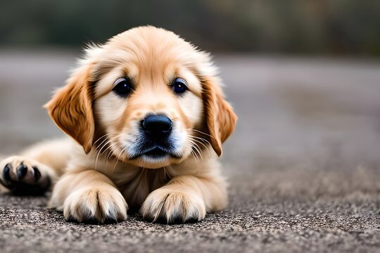 Cute puppy dog ​​portrait of the breed of Golden Retriever. Close up. Beautiful dog photo ideal for advertising spot, banner and advertising. Generative Ai
