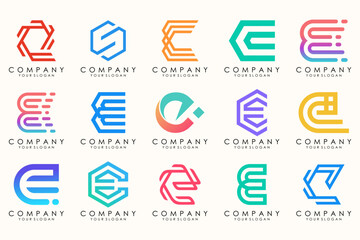 Abstract logos mega collection with letters E. Geometrical abstract logos