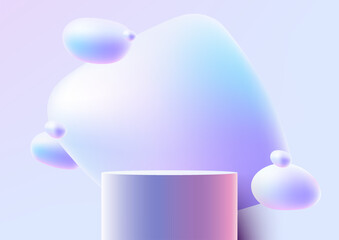 3D holographic color podium stand with fluid or liquid elements floating in the air on soft blue background