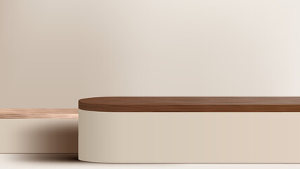 Obraz na płótnie Canvas 3D realistic top of surface wooden podium platform stand minimal wall scene on beige background