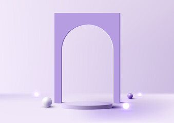 3D realistic empty studio room purple cylinder podium stand and door backdrop