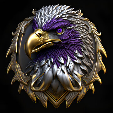 A Silver and gold metal eagle head metal emblem. 3D style eagle metal badge. Coat of arms eagle head. Eagle head metal insignia. Animal badge. Eagle head metal symbol. Medallion	