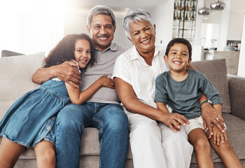 Home love, hug and portrait of happy family bonding, relax and enjoy quality time together in...