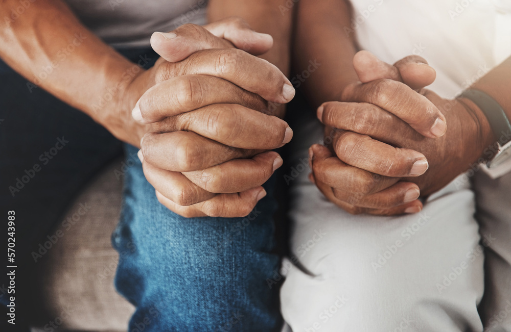 Poster Senior, hands and couple sitting together for support, relax and bonding in retirement. Hope, insurance and fingers of an elderly man and woman on a couch for marriage, respect and compassion